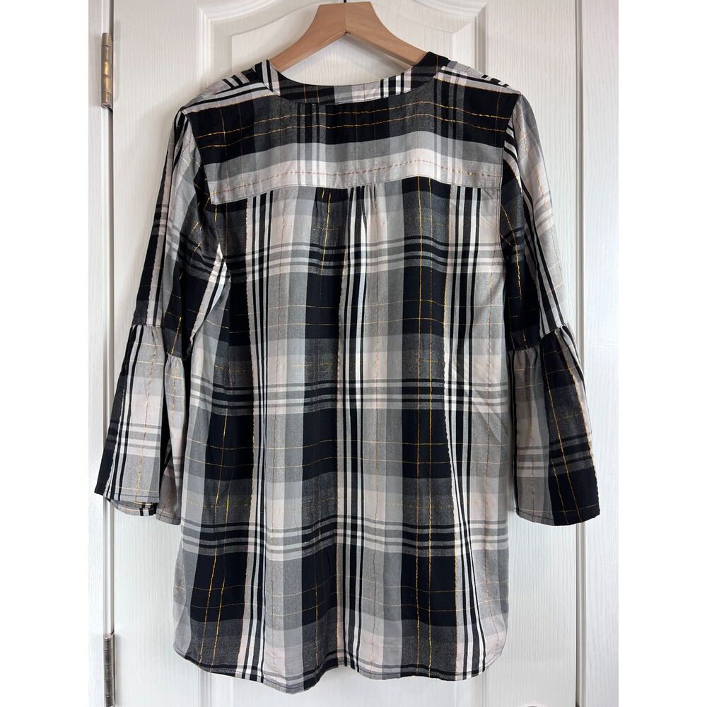 New Directions Women's Black White Gold Metallic Plaid Bell Sleeve Top Size M - Picture 2 of 11